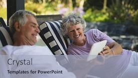  Presentation with lounge - Amazing theme having smiling senior couple using digital tablet while resting on lounge chairs backdrop and a light blue colored foreground