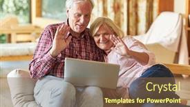  Presentation with senior couple - Amazing PPT theme having smiling-senior-couple-watching-video backdrop and a tawny brown colored foreground