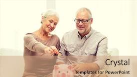  Presentation with piggy bank - PPT theme with smiling senior couple with money background and a coral colored foreground