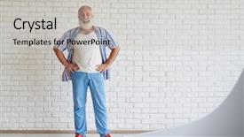  Presentation with white brick wall - Presentation design featuring smiling senior dressed fashionably standing and holding hands on his belt white brick wall in background background and a light gray colored foreground