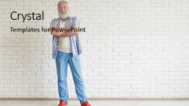  Presentation with white brick wall - Colorful PPT theme enhanced with smiling senior dressed fashionably and standing and crossing his hands white brick wall on background backdrop and a light gray colored foreground