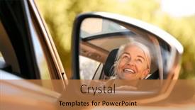  Presentation with mirror - Presentation theme consisting of smiling-senior-female-driver-reflected background and a coral colored foreground