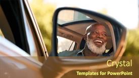 Presentation with mirror - Presentation featuring smiling-senior-male-driver-reflected background and a tawny brown colored foreground