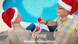  Presentation with celebrate - Slide set having smiling senior man and woman on christmas in santa hats celebrate holiday background and a coral colored foreground