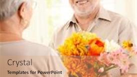  Presentation with older woman - Audience pleasing theme consisting of smiling-senior-man-bringing-flowers backdrop and a coral colored foreground