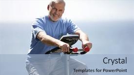  Presentation with exercise bike - Presentation theme enhanced with smiling senior man making of the exercise bike background and a light blue colored foreground