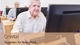  Presentation with gold man smile - PPT layouts consisting of smiling-senior-man-on-pc background and a coral colored foreground