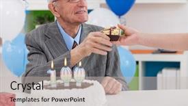  Presentation with birthday celebrations - PPT theme with smiling senior man receiving birthday background and a soft green colored foreground