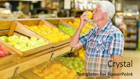  Presentation with gold man smile - Cool new theme with smiling senior man smelling orange at the grocery shop backdrop and a gold colored foreground