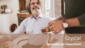  Presentation with family talking - PPT theme having smiling-senior-man-talking background and a coral colored foreground