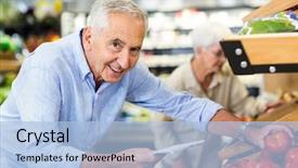  Presentation with grocery - Slides enhanced with smiling senior man with list buying apple at grocery shop background and a light blue colored foreground