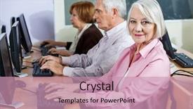  Presentation with class - PPT layouts with smiling senior woman at desk in computer class background and a coral colored foreground