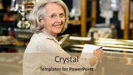  Presentation with bakery - Cool new slide deck with smiling senior woman checking list at the bakery store backdrop and a coral colored foreground