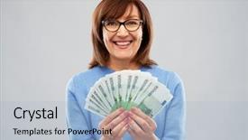  Presentation with people - PPT theme consisting of smiling senior woman holding hundred background and a light blue colored foreground