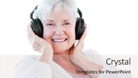  Presentation with listening woman - PPT theme featuring smiling senior woman listening music background and a lemonade colored foreground
