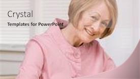  Presentation with checks - Slide deck featuring smiling senior woman paying bills with checks at desk background and a lemonade colored foreground