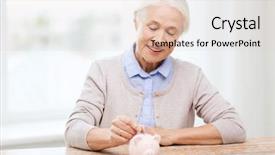  Presentation with retirement insurance - Colorful PPT theme enhanced with smiling senior woman putting coins backdrop and a  colored foreground