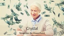  Presentation with retirement insurance - Slide set featuring smiling senior woman putting coins background and a  colored foreground