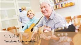  Presentation with senior high school - Amazing slide deck having smiling-senior-woman-takes-guitar backdrop and a coral colored foreground