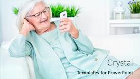  Presentation with happy retirement - Theme consisting of smiling senior woman talking on her cell phone beauty fashion happy retirement background and a cool aqua colored foreground