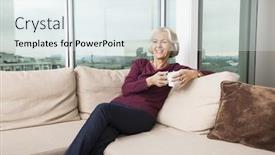  Presentation with coffee - Slide deck with smiling-senior-woman-with-coffee background and a sky blue colored foreground