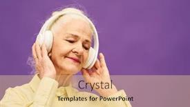  Presentation with music headphones - PPT layouts featuring smiling-senior-woman-with-white background and a lemonade colored foreground