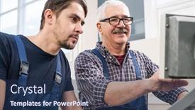  Presentation with senior worker - Amazing PPT theme having smiling-senior-worker-with-mustache backdrop and a navy blue colored foreground