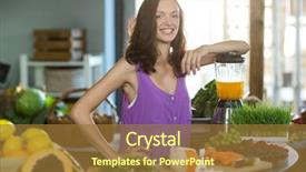  Presentation with grocery - PPT layouts having smiling shop assistant standing at counter in health grocery shop background and a tawny brown colored foreground