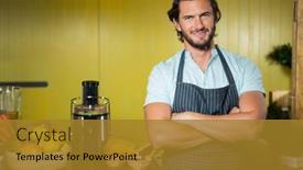  Presentation with grocery - Audience pleasing slide set consisting of smiling-shop-assistant-standing backdrop and a  colored foreground