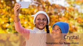  Presentation with siblings - PPT theme consisting of smiling siblings taking selfie against autumn trees at park background and a coral colored foreground