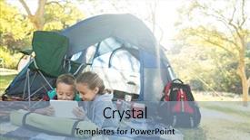  Presentation with campsite - Beautiful slide set featuring smiling siblings using laptop outside the tent at campsite backdrop and a light blue colored foreground