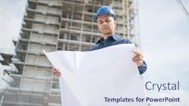  Presentation with blueprint - PPT theme having smiling site manager reading a blueprint in front of a construction site background and a sky blue colored foreground