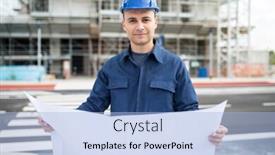  Presentation with blueprint - Presentation with smiling site manager reading a blueprint in front of a construction site background and a light blue colored foreground