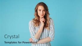  Presentation with sly - Colorful presentation design enhanced with smiling-sly-blonde-woman backdrop and a light blue colored foreground