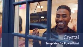  Presentation with business - Colorful slide deck enhanced with smiling-small-business-owner-turning backdrop and a ocean colored foreground