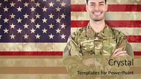  Presentation with american flag - Amazing PPT theme having smiling soldier against american flag backdrop and a coral colored foreground