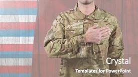  Presentation with independence day - Beautiful slide deck featuring smiling soldier putting his hand backdrop and a violet colored foreground