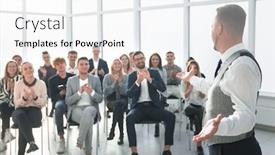  Presentation with audience - Amazing slide set having smiling-speaker-standing-in-front backdrop and a white colored foreground