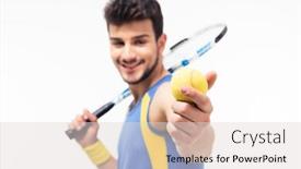  Presentation with ball sports - Slide set with smiling sports man holding tennis ball and racket isolated on a white background looking at camera focus on ball background and a lemonade colored foreground