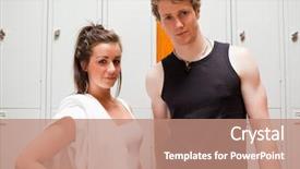  Presentation with sports - Slide deck with smiling sports students standing up background and a coral colored foreground