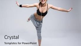  Presentation with sports - Cool new presentation theme with smiling sports woman doing excersises backdrop and a light gray colored foreground