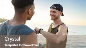  Presentation with running - Beautiful PPT layouts featuring smiling sportsmen resting after running backdrop and a coral colored foreground