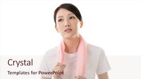  Presentation with rest - Colorful presentation design enhanced with smiling sporty asian woman take a rest after training closeup portrait backdrop and a lemonade colored foreground