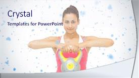  Presentation with falling snow - Audience pleasing slides consisting of smiling sporty brunette holding grey and yellow kettlebell against snow falling backdrop and a sky blue colored foreground