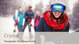 Presentation with snowboard - Slide deck with smiling sporty female holds snowboard in mountains on winter holiday background and a sky blue colored foreground