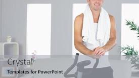  Presentation with exercise bike - Amazing presentation design having smiling sporty man standing next to exercise bike in bright living room backdrop and a light gray colored foreground