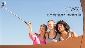  Presentation with sporty - Amazing PPT theme having smiling-sporty-women-taking-selfies backdrop and a light blue colored foreground
