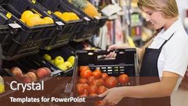  Presentation with staff - Colorful slide set enhanced with smiling staff woman holding a box with fresh vegetables at supermarket backdrop and a tawny brown colored foreground