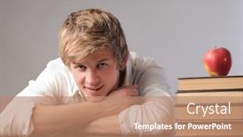  Presentation with stack books - Colorful presentation design enhanced with smiling student beside a stack of books and an apple backdrop and a coral colored foreground
