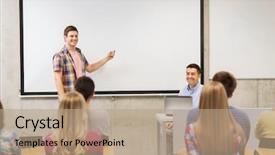  Presentation with high technology - PPT theme featuring smiling student boy with remote background and a  colored foreground